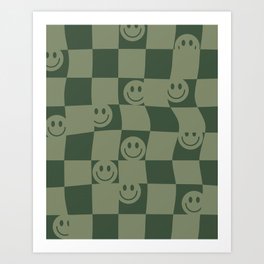 Checker Board Grid Smiley 7 in Pine Sage Green Art Print