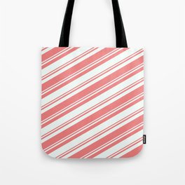 [ Thumbnail: Mint Cream & Light Coral Colored Striped/Lined Pattern Tote Bag ]