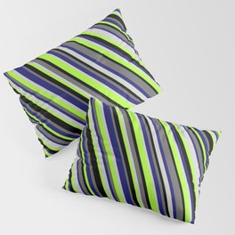 [ Thumbnail: Colorful Midnight Blue, Light Gray, Light Green, Black, and Dim Grey Colored Stripes/Lines Pattern Pillow Sham ]