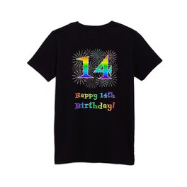 [ Thumbnail: 14th Birthday - Fun Rainbow Spectrum Gradient Pattern Text, Bursting Fireworks Inspired Background Kids T Shirt Kids T-Shirt ]