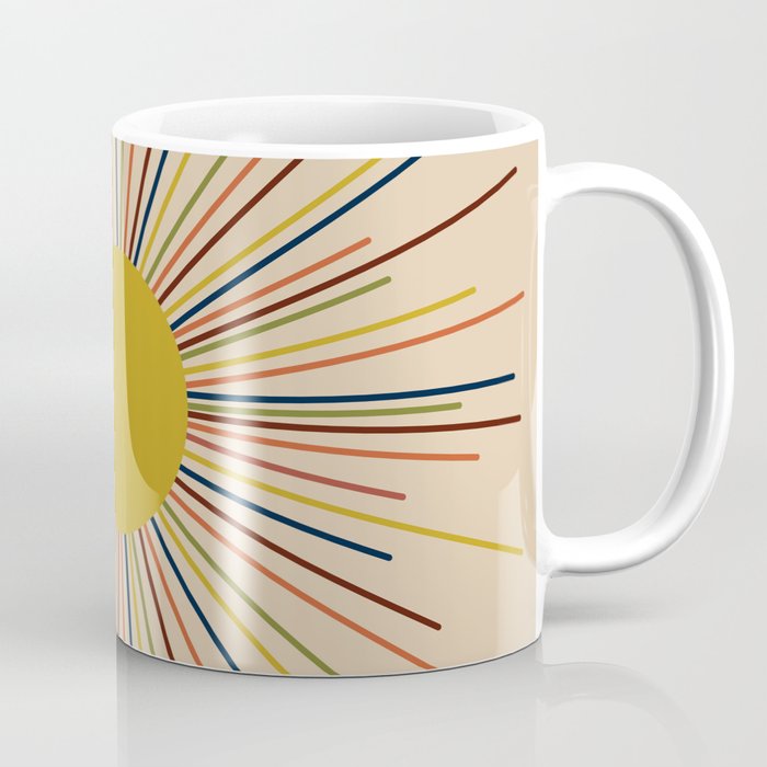 Mid-Century Modern Sunburst - Minimalist Abstract Sun in Mid Mod Mustard, Orange, Olive, Blue, and Beige Coffee Mug