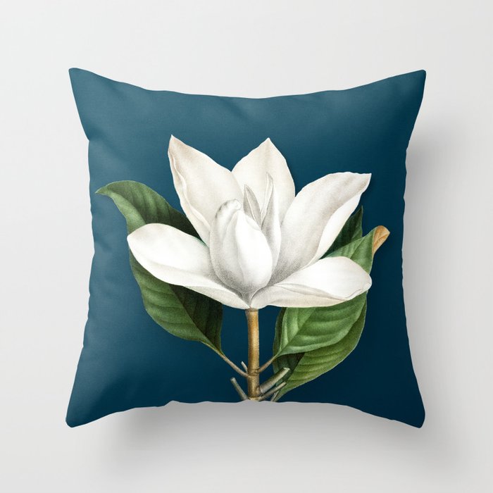 Vintage White Southern Magnolia Botanical Illustration on Teal Throw Pillow