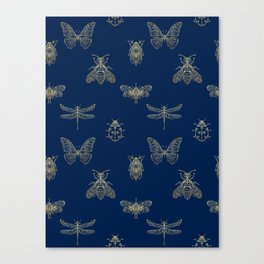 Golden Insects pattern on the blue background Canvas Print