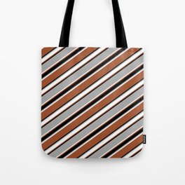 [ Thumbnail: Dark Gray, White, Sienna & Black Colored Pattern of Stripes Tote Bag ]