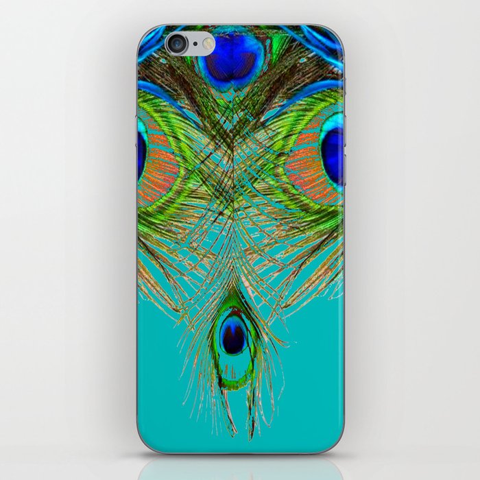 TURQUOISE BLUE-GREEN PEACOCK FEATHERS ART iPhone Skin