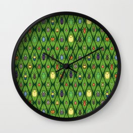 22 beetle species on green leaves Wall Clock