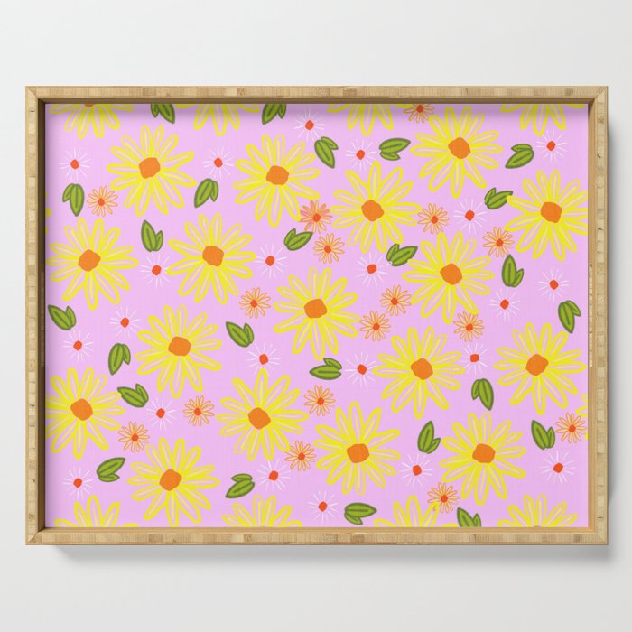 Retro Modern Spring Inked Flowers On Pink Serving Tray