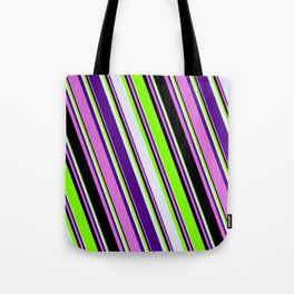 [ Thumbnail: Chartreuse, Lavender, Indigo, Orchid & Black Colored Striped/Lined Pattern Tote Bag ]