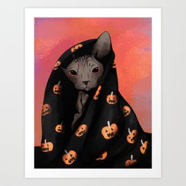 Brown Sphynx Cat Snuggled Up In a Halloween Pumpkin Blanket Art Print
