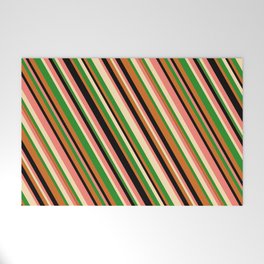[ Thumbnail: Eye-catching Salmon, Beige, Forest Green, Chocolate, and Black Colored Lines/Stripes Pattern Welcome Mat ]