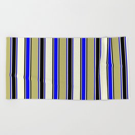 [ Thumbnail: Dark Khaki, Blue, Beige, and Black Colored Stripes/Lines Pattern Beach Towel ]