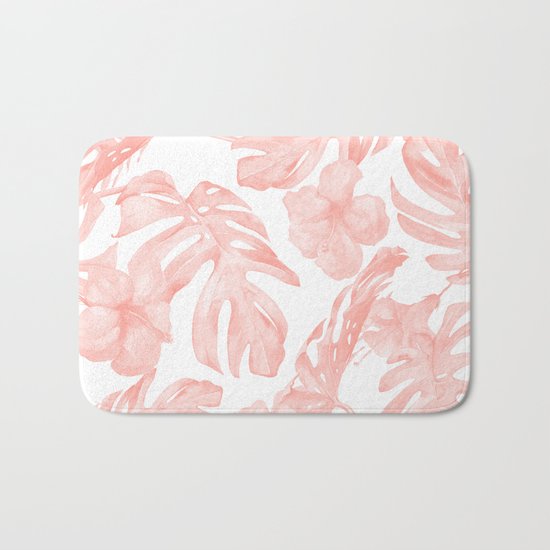 Tropical Palm Leaves Hibiscus Flowers Coral Pink Bath Mat