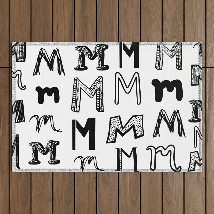 Letter M Black and White Doodles Outdoor Rug