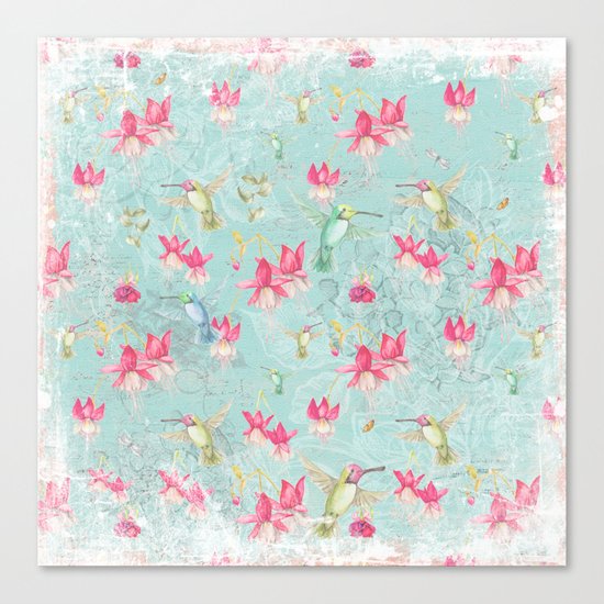 Vintage Watercolor hummingbird and Fuchsia Flowers on mint Background Canvas Print