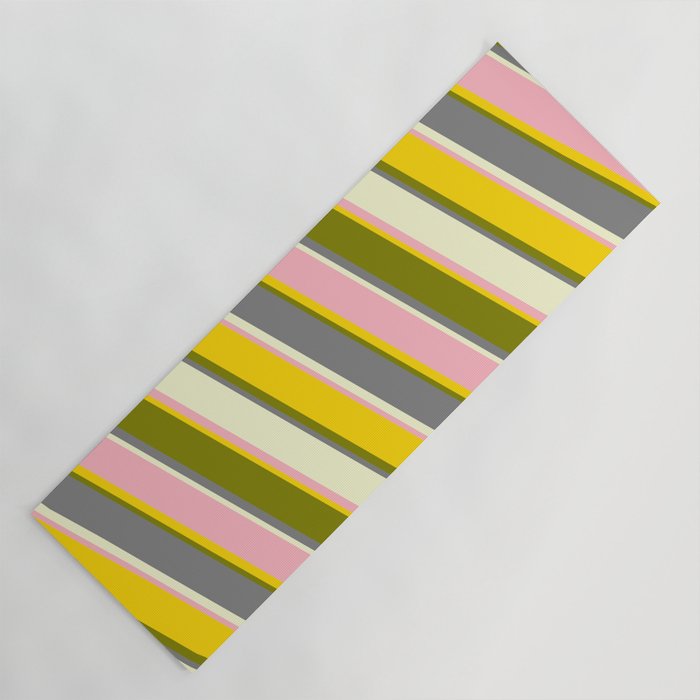 Vibrant Light Pink, Yellow, Green, Gray, and Light Yellow Colored Stripes/Lines Pattern Yoga Mat