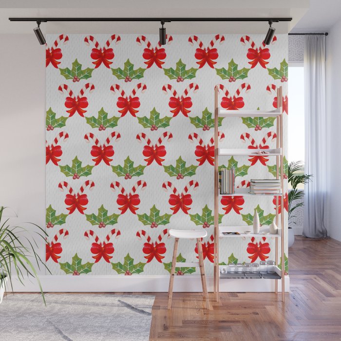 Christmas Pattern Watercolor Candy Bow Mistletoe Wall Mural