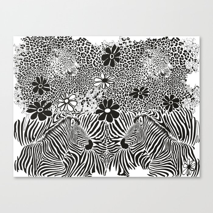 Camouflage and leopard and zebra heads with cartoon flowers Canvas Print