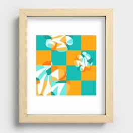 Liquid melting flowers in mint and orange tones checkerboard Recessed Framed Print