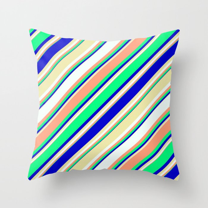 Eyecatching Light Salmon, Green, Blue, Pale Goldenrod, and Mint Cream Colored Lines Pattern Throw Pillow