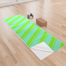 [ Thumbnail: Chartreuse & Aquamarine Colored Lined Pattern Yoga Towel ]