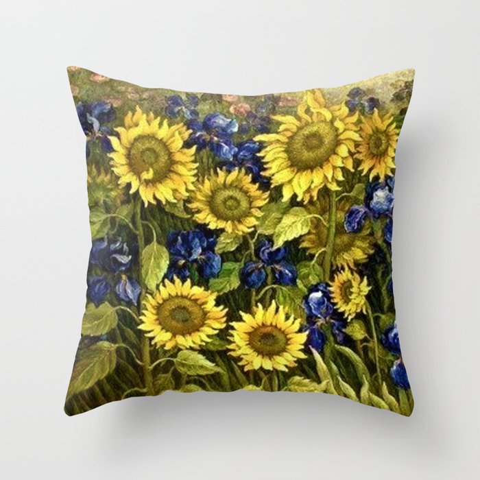 Sunflowers & Blue Irises by Vincent van Gogh Throw Pillow