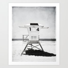 Black and White Beach Photography, Grey Lifeguard Stand, Gray Coastal Nautical Art Art Print