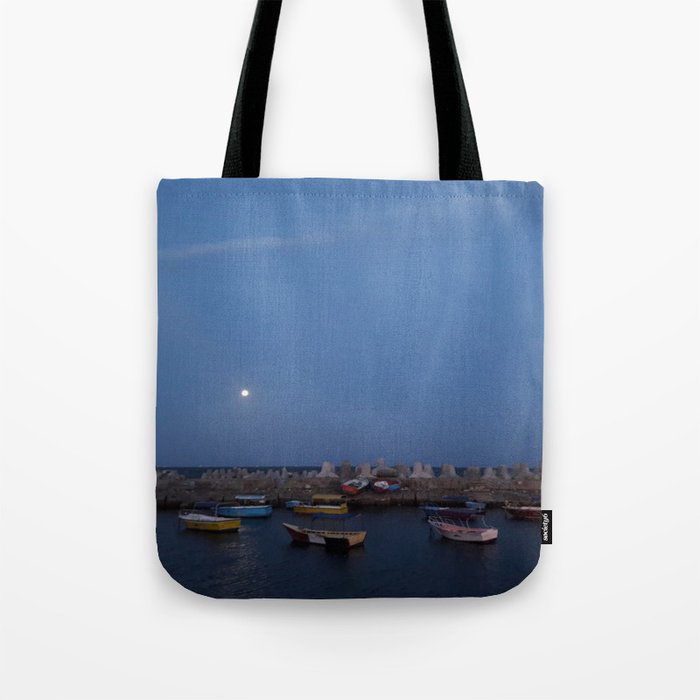 Sunrise at the sea shore - with small fishing boats Tote Bag