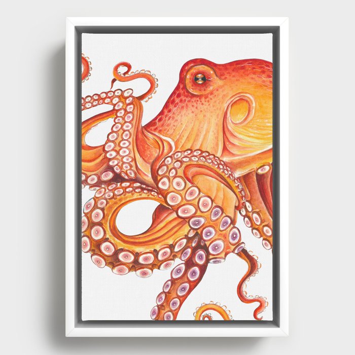 Red Octopus Kraken Tentacles on White Watercolor Art Framed Canvas