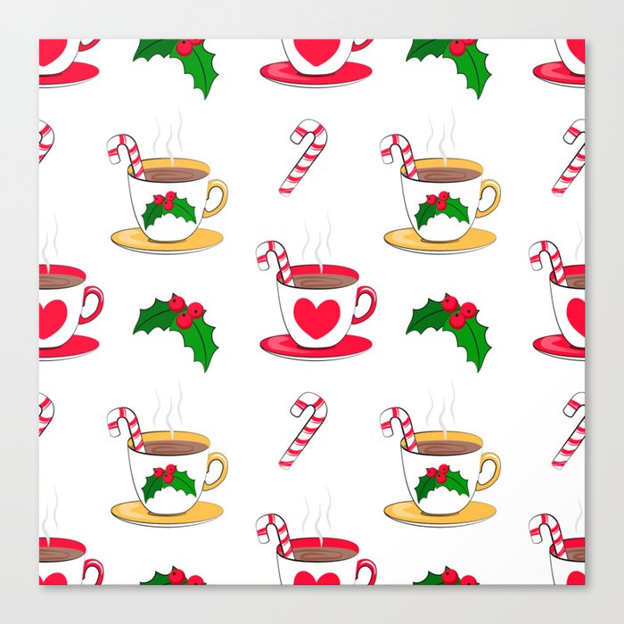Festive Christmas Seamless Pattern with Hot Chocolate Mugs, Sweet Candy and Christmas Berry Canvas Print