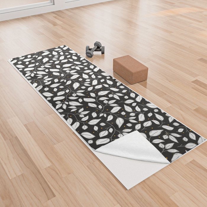 Moody black and white leaves pattern with yellow dots Yoga Towel