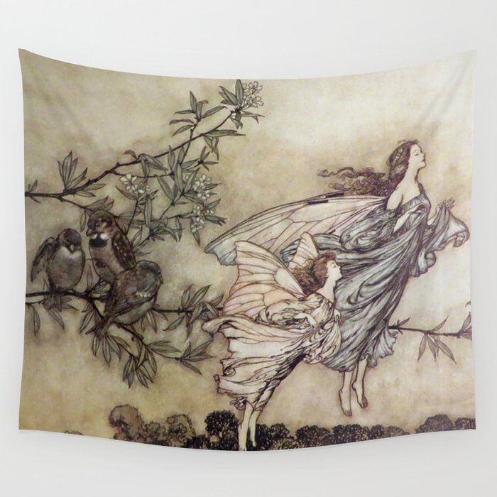 “Fairies Tiff with the Birds” by Arthur Rackham Wall Tapestry