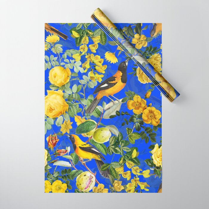 Vintage & Shabby Chic - Night Blue Botanical Bird and Flower Garden Wrapping Paper