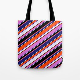 [ Thumbnail: Vibrant Red, Orchid, Midnight Blue, Lavender, and Black Colored Lines Pattern Tote Bag ]