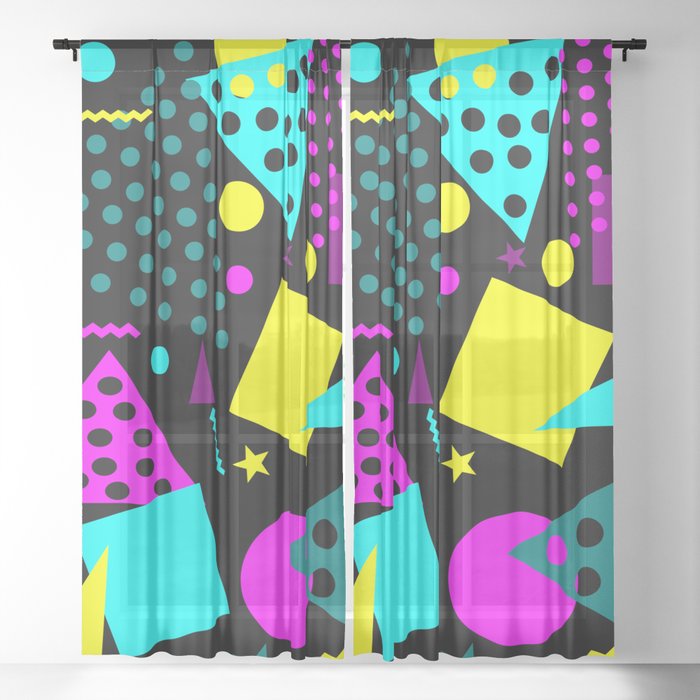 pattern 80s style retro vintage with black backgound Sheer Curtain