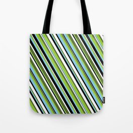 [ Thumbnail: Eye-catching Dark Olive Green, Green, Sky Blue, Black & White Colored Stripes/Lines Pattern Tote Bag ]