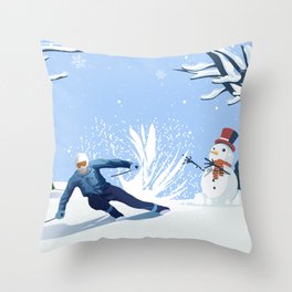 Skiing with Snowman Throw Pillow