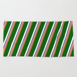 [ Thumbnail: Vibrant Red, Dark Green, White, Teal & Plum Colored Striped Pattern Beach Towel ]
