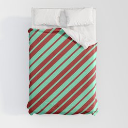 [ Thumbnail: Aquamarine & Red Colored Lined Pattern Duvet Cover ]
