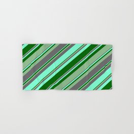 [ Thumbnail: Dim Gray, Aquamarine, Dark Green, and Dark Sea Green Colored Lines/Stripes Pattern Hand & Bath Towel ]