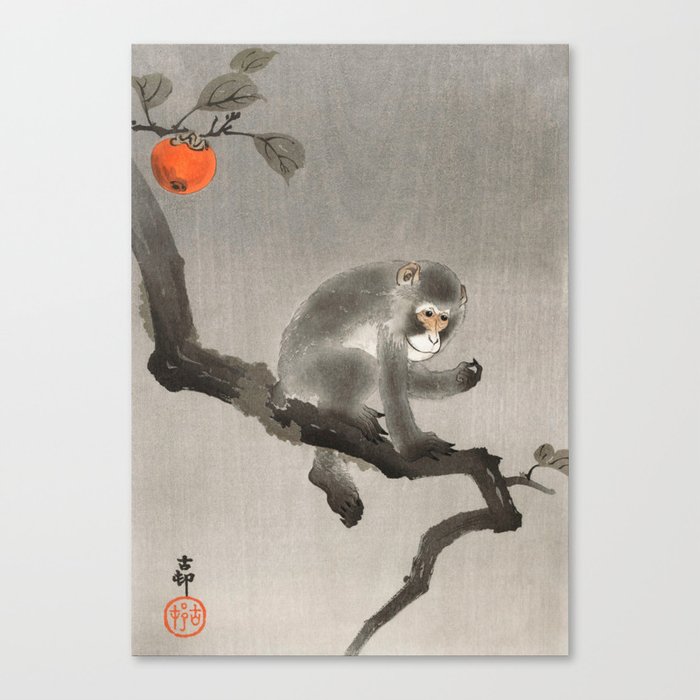 Monkey sitting on persimmon tree - Vintage Japanese Woodblock Print Canvas Print