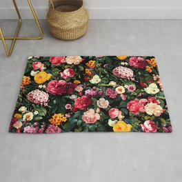 Floral D - Red, Pink, Yellow, Green, Black Baroque Floral Blossom Area & Throw Rug