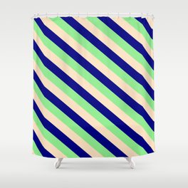 [ Thumbnail: Light Green, Bisque & Blue Colored Striped Pattern Shower Curtain ]