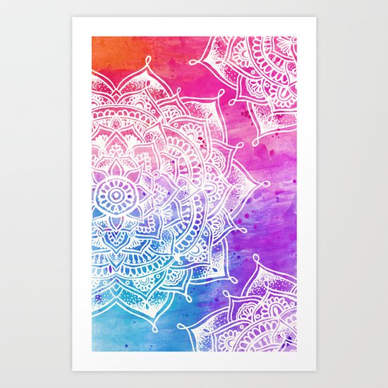 White Mandala on Watercolour Art Print