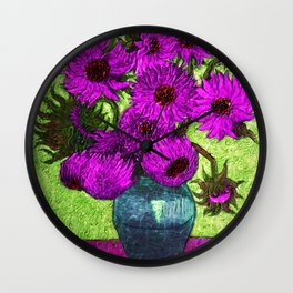 Vincent van Gogh Twelve purple sunflowers with red disk center flowers in a vase still life violet and green background portrait painting Wall Clock