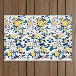 Buttercup yellow, salmon pink, and navy blue flowers on white background pattern Outdoor Rug