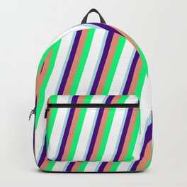 [ Thumbnail: Powder Blue, Indigo, Dark Salmon, Green, and White Colored Pattern of Stripes Backpack ]