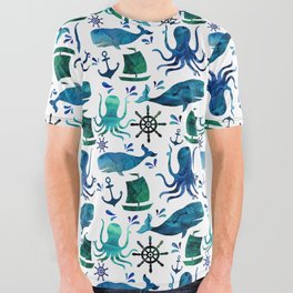 Watercolor Ocean Nautical Octopus Whale Pattern All Over Graphic Tee