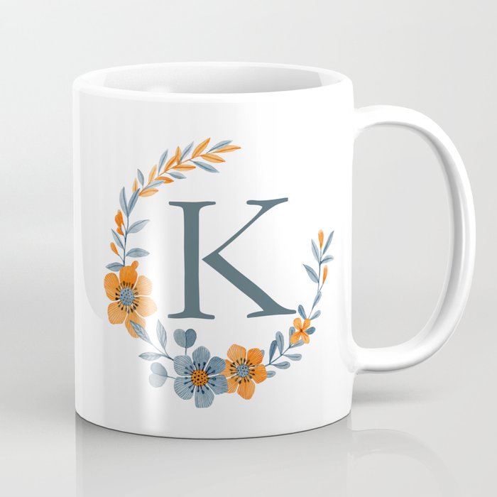 Monogram K Orange Autumn Floral Wreath Coffee Mug