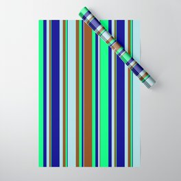 [ Thumbnail: Dark Blue, Green, Brown, and Powder Blue Colored Lines/Stripes Pattern Wrapping Paper ]