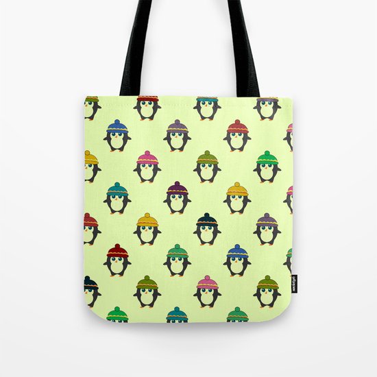 Penguins with colorful beanies Tote Bag
